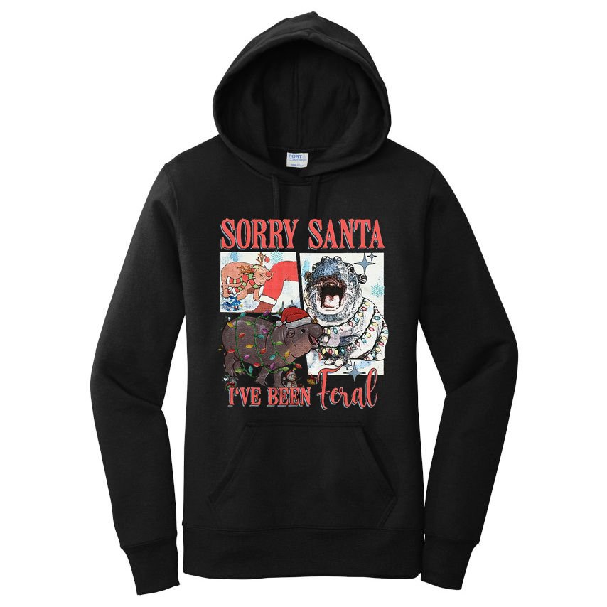 Moo Deng Christmas Santa Hat Sorry Santa IVe Been Feral Women's Pullover Hoodie