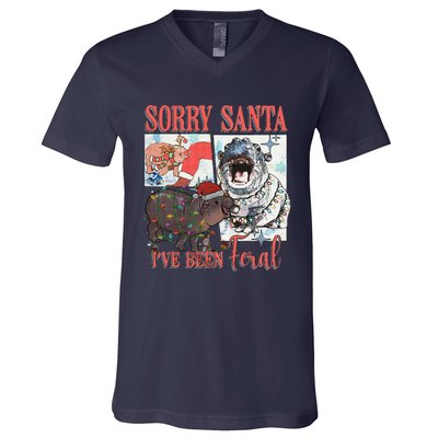 Moo Deng Christmas Santa Hat Sorry Santa IVe Been Feral V-Neck T-Shirt