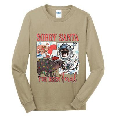 Moo Deng Christmas Santa Hat Sorry Santa IVe Been Feral Tall Long Sleeve T-Shirt