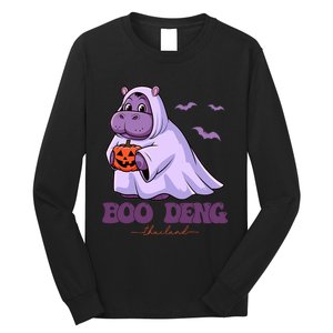 Moo Deng Cute Baby Pygmy Hippo Bouncy Pig In Thai Halloween Long Sleeve Shirt