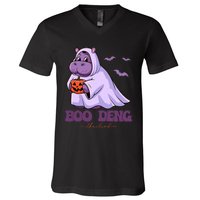 Moo Deng Cute Baby Pygmy Hippo Bouncy Pig In Thai Halloween V-Neck T-Shirt