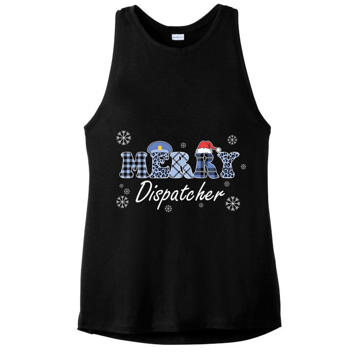 Merry Dispatcher Christmas Police Buffalo Plaid Leopard Santa Hat Graphic Ladies PosiCharge Tri-Blend Wicking Tank