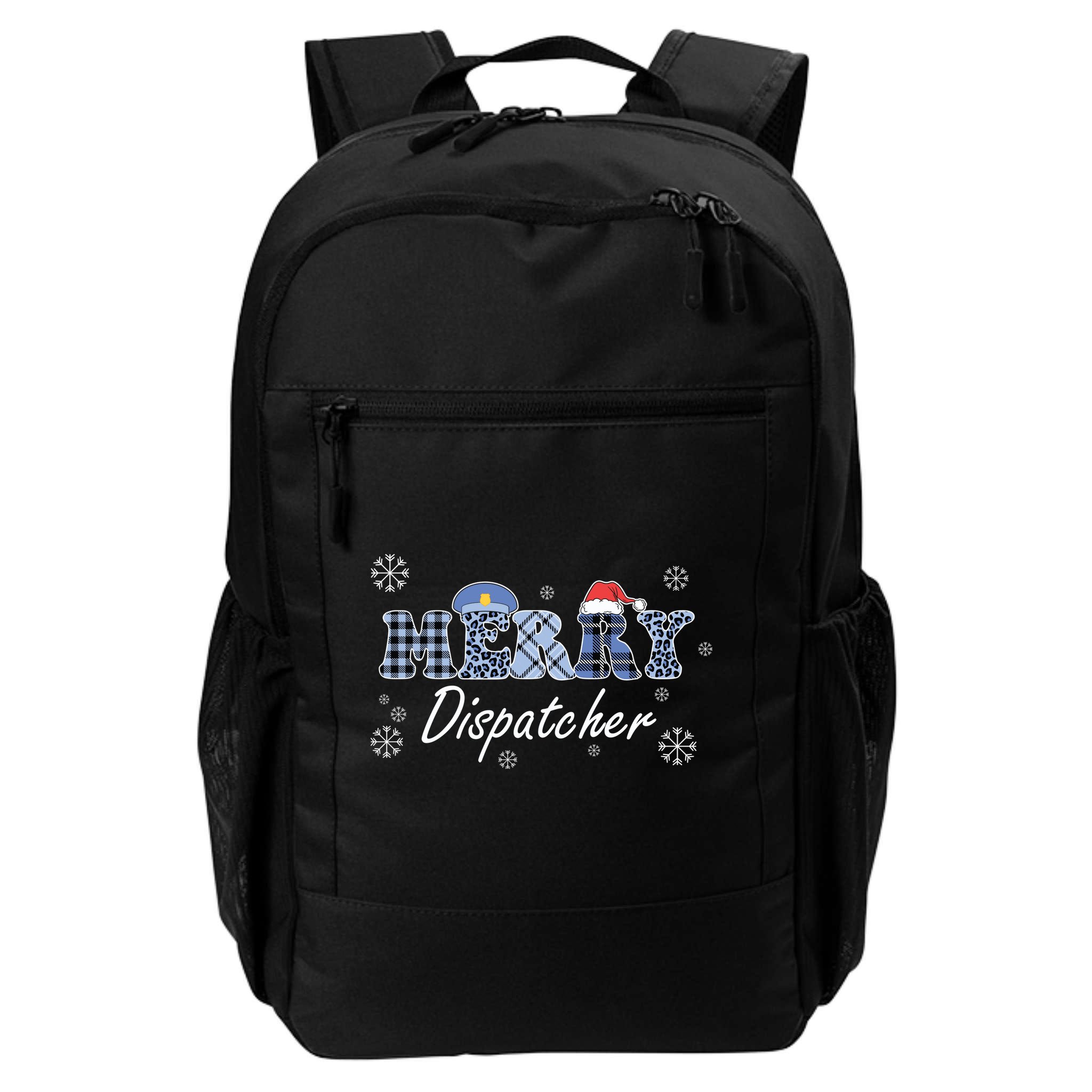 Merry Dispatcher Christmas Police Buffalo Plaid Leopard Santa Hat Graphic Backpack