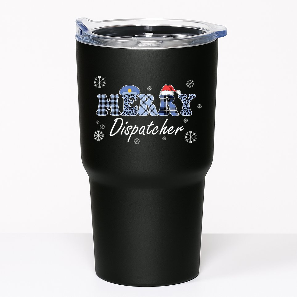 Merry Dispatcher Christmas Police Buffalo Plaid Leopard Santa Hat Graphic Tumbler