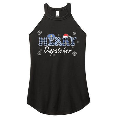 Merry Dispatcher Christmas Police Buffalo Plaid Leopard Santa Hat Graphic Women's Perfect Tri Rocker Tank
