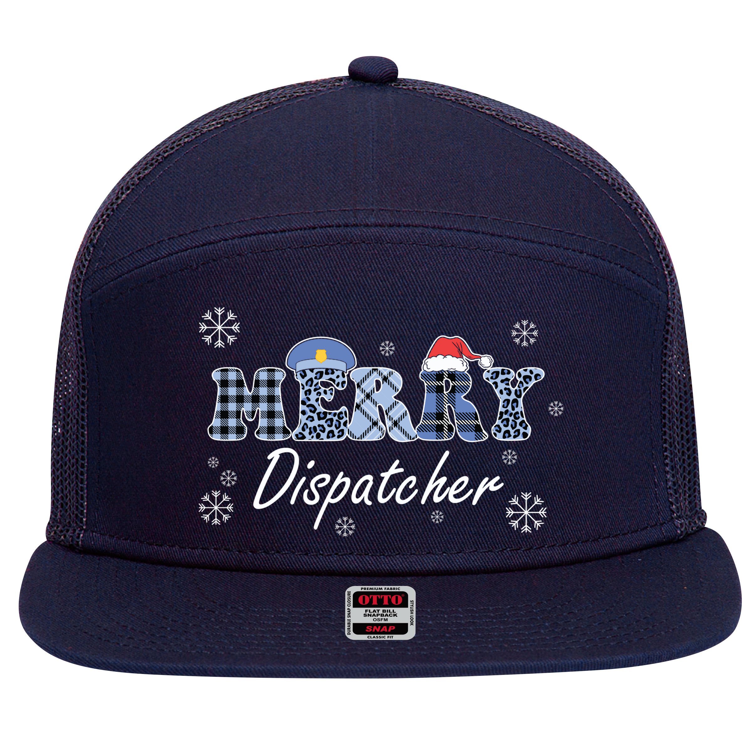Merry Dispatcher Christmas Police Buffalo Plaid Leopard Santa Hat Graphic 7 Panel Mesh Trucker Snapback Hat