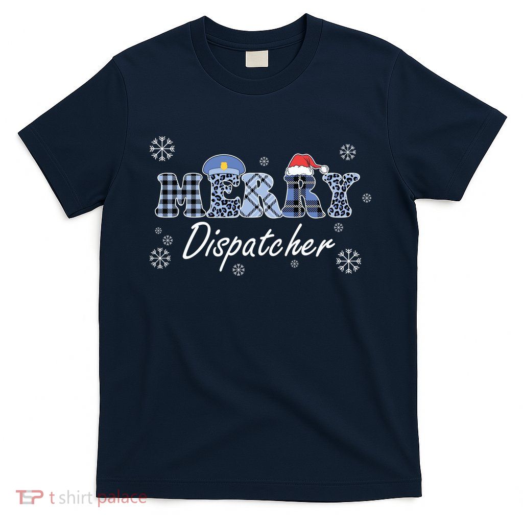 Merry Dispatcher Christmas Police Buffalo Plaid Leopard Santa Hat Graphic T-Shirt