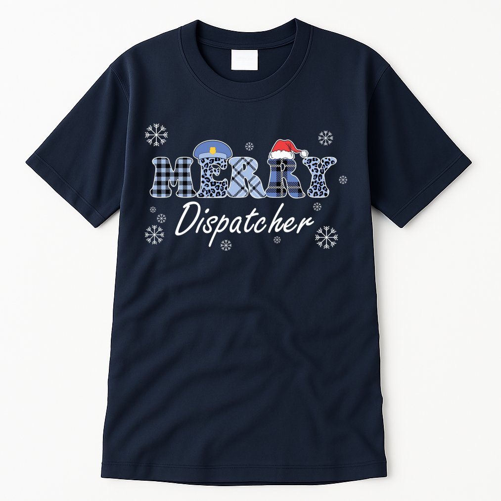 Merry Dispatcher Christmas Police Buffalo Plaid Leopard Santa Hat Graphic Tall T-Shirt