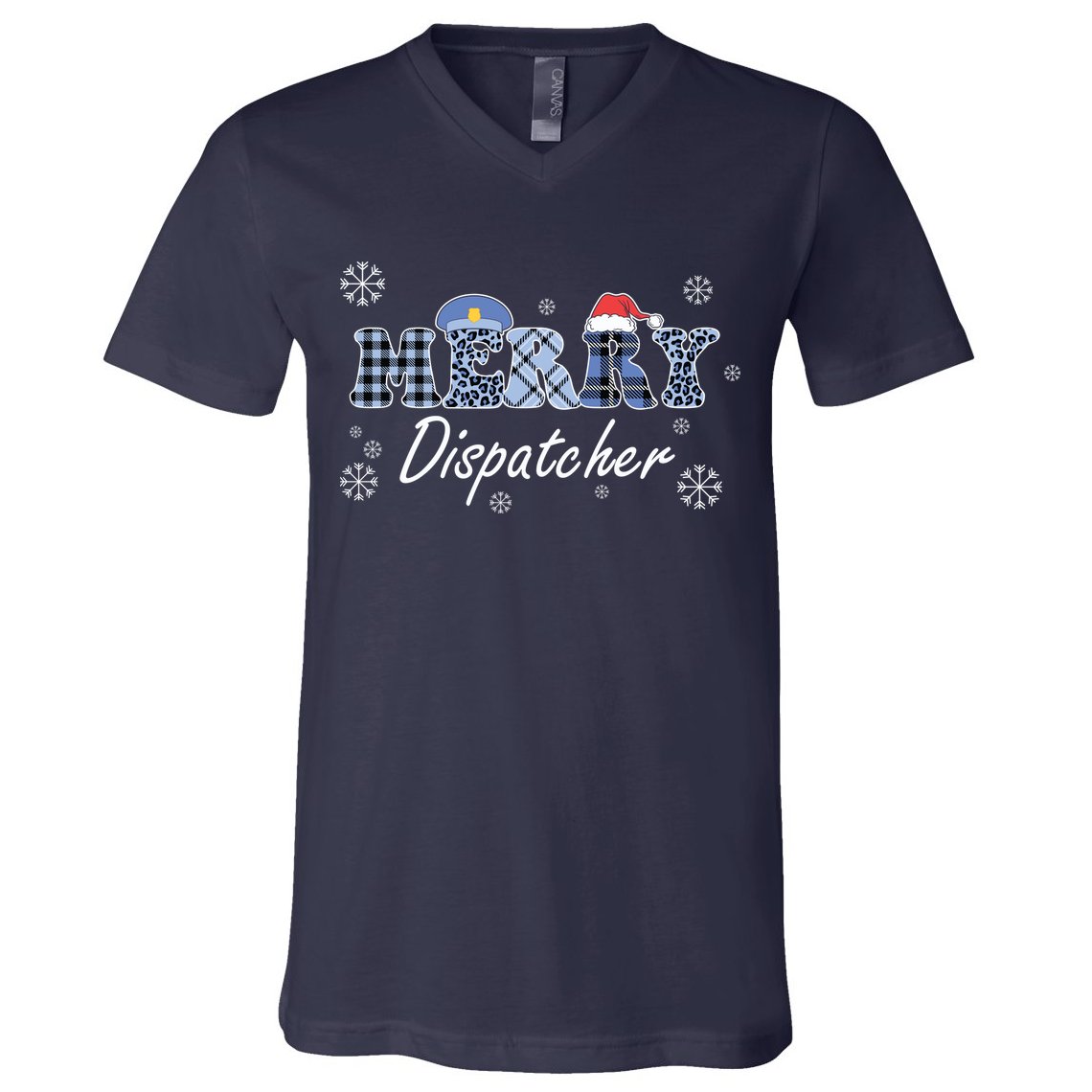 Merry Dispatcher Christmas Police Buffalo Plaid Leopard Santa Hat Graphic V-Neck T-Shirt