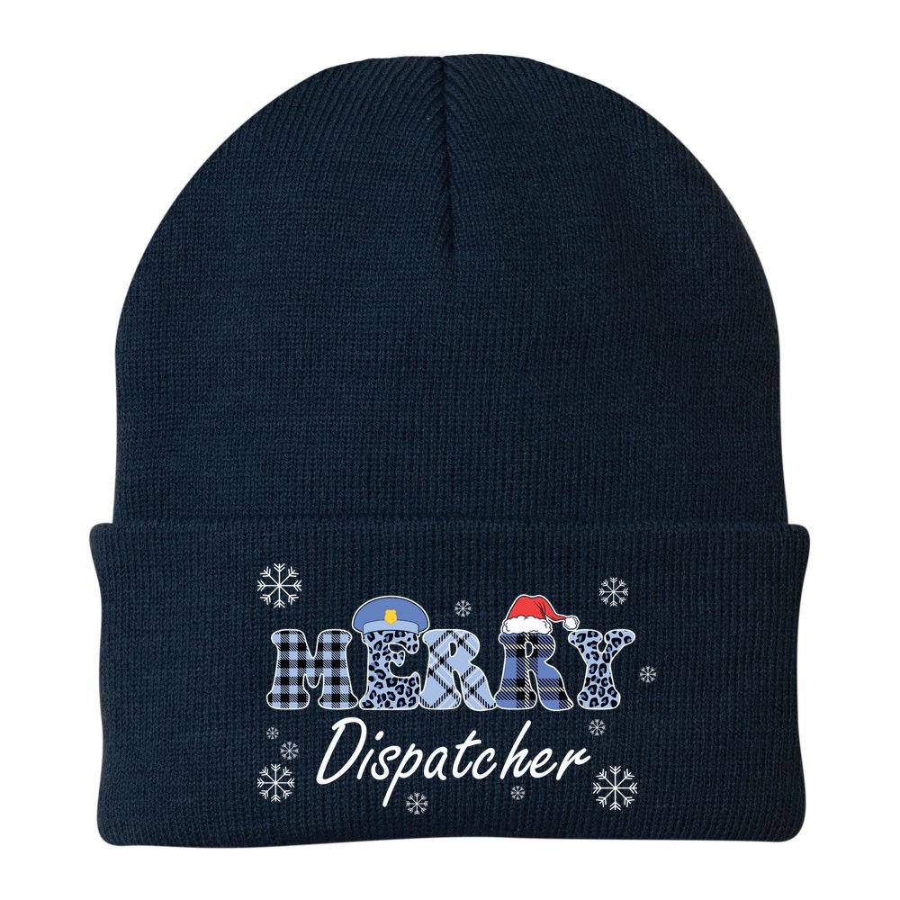 Merry Dispatcher Christmas Police Buffalo Plaid Leopard Santa Hat Graphic Beanie