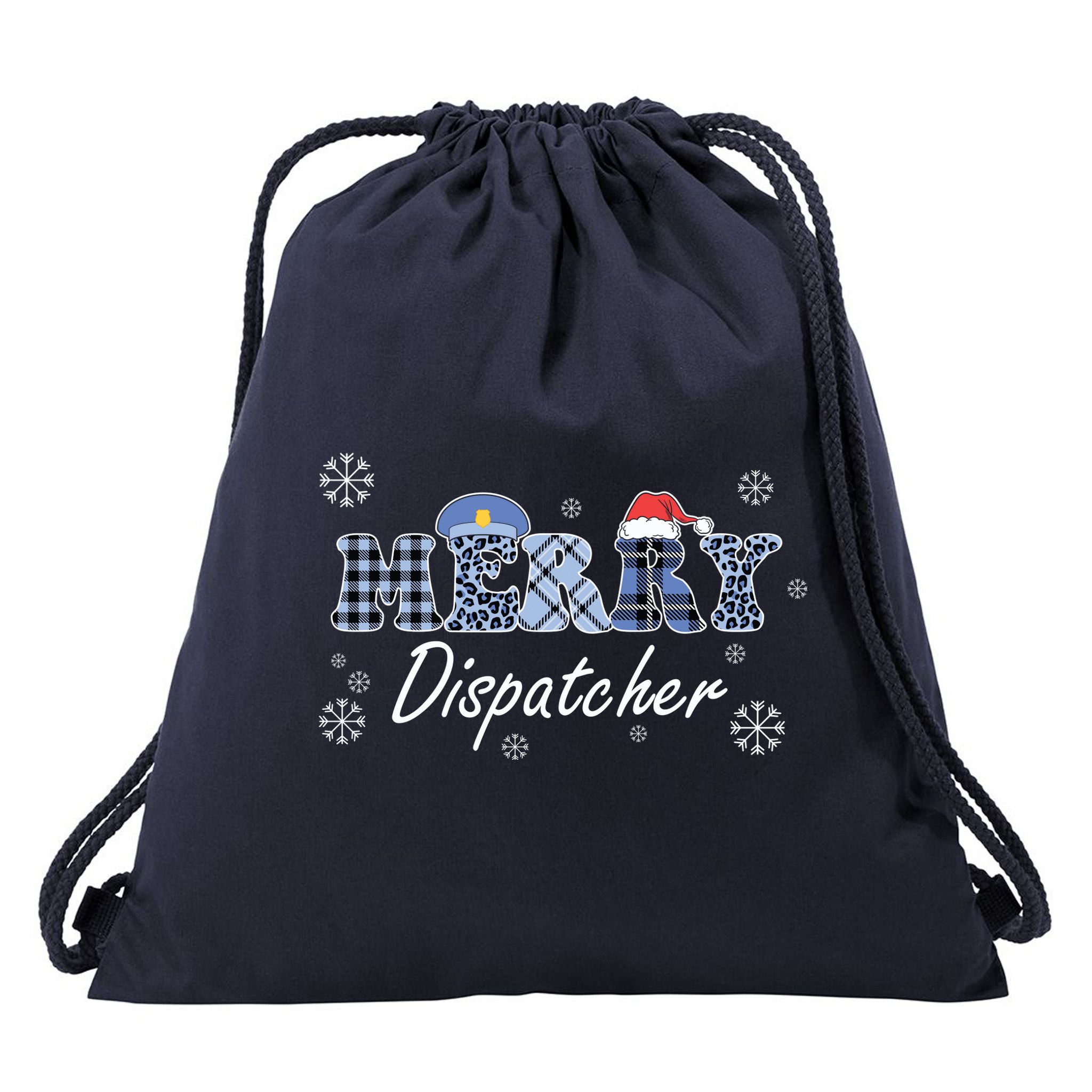 Merry Dispatcher Christmas Police Buffalo Plaid Leopard Santa Hat Graphic Drawstring Bag