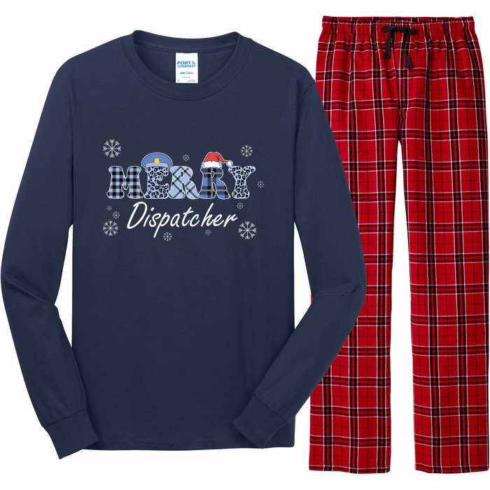 Merry Dispatcher Christmas Police Buffalo Plaid Leopard Santa Hat Graphic Long Sleeve Pajama Set