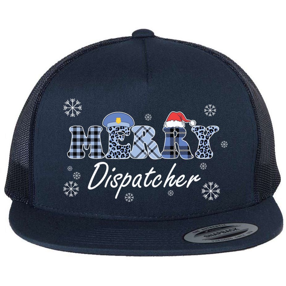 Merry Dispatcher Christmas Police Buffalo Plaid Leopard Santa Hat Graphic Flat Bill Trucker Hat