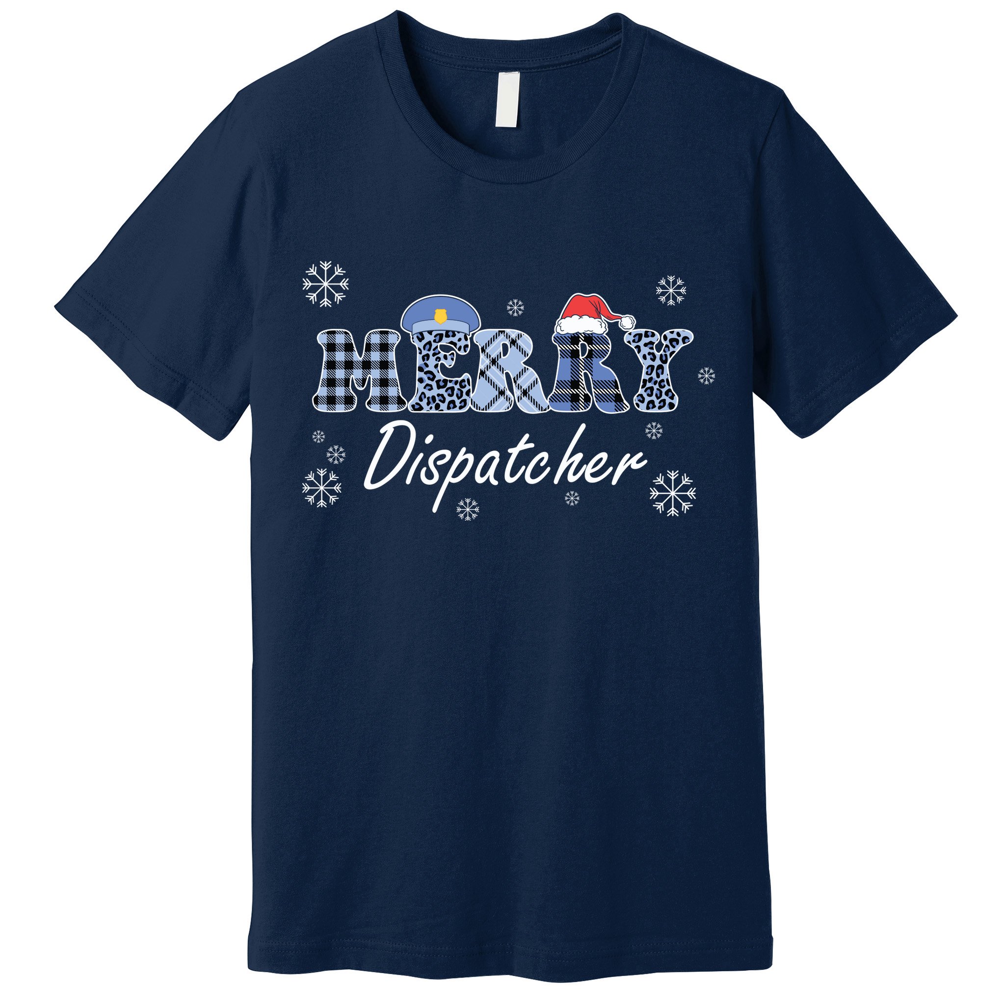 Merry Dispatcher Christmas Police Buffalo Plaid Leopard Santa Hat Graphic Premium T-Shirt