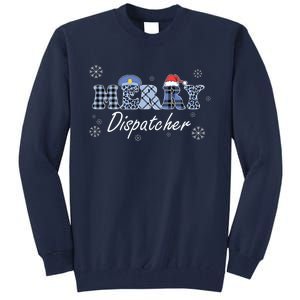 Merry Dispatcher Christmas Police Buffalo Plaid Leopard Santa Hat Graphic Tall Sweatshirt