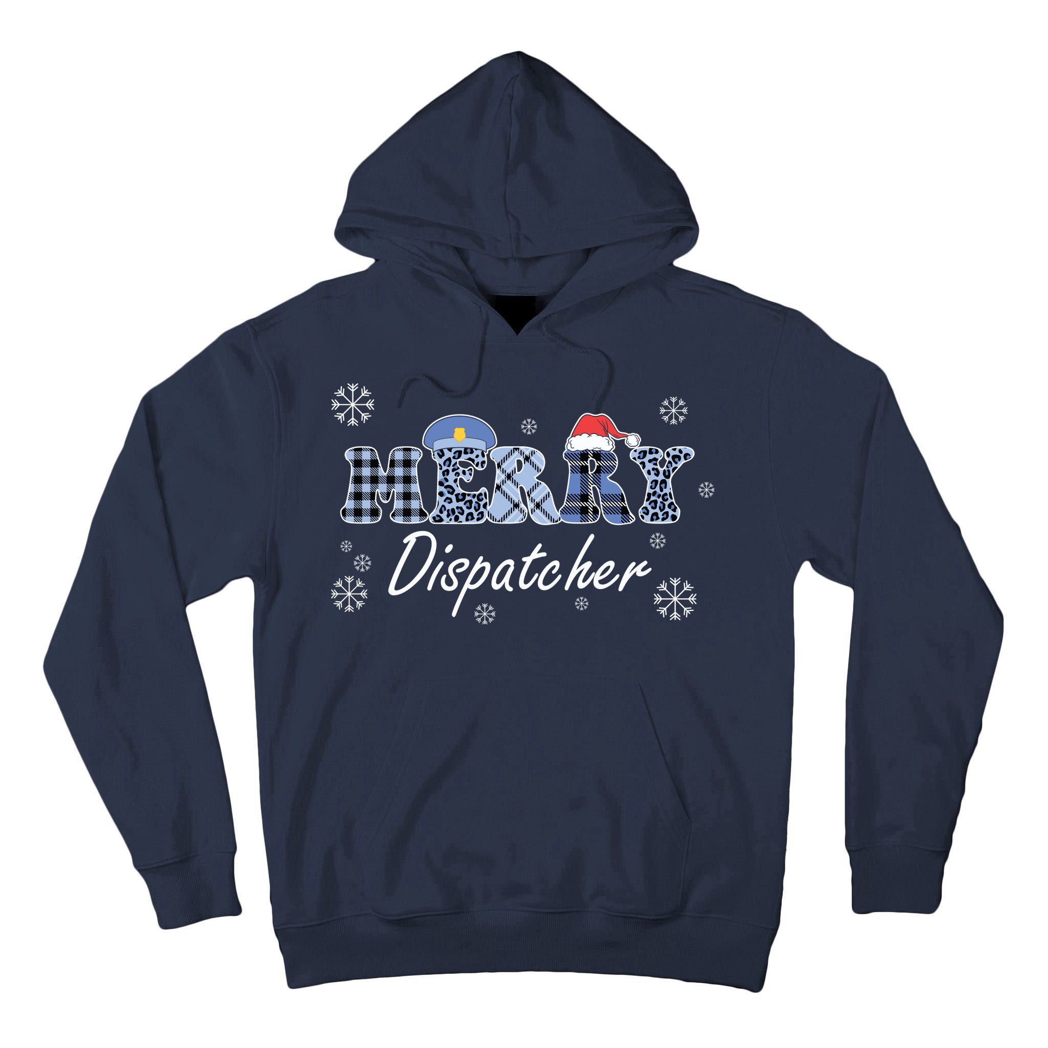 Merry Dispatcher Christmas Police Buffalo Plaid Leopard Santa Hat Graphic Tall Hoodie