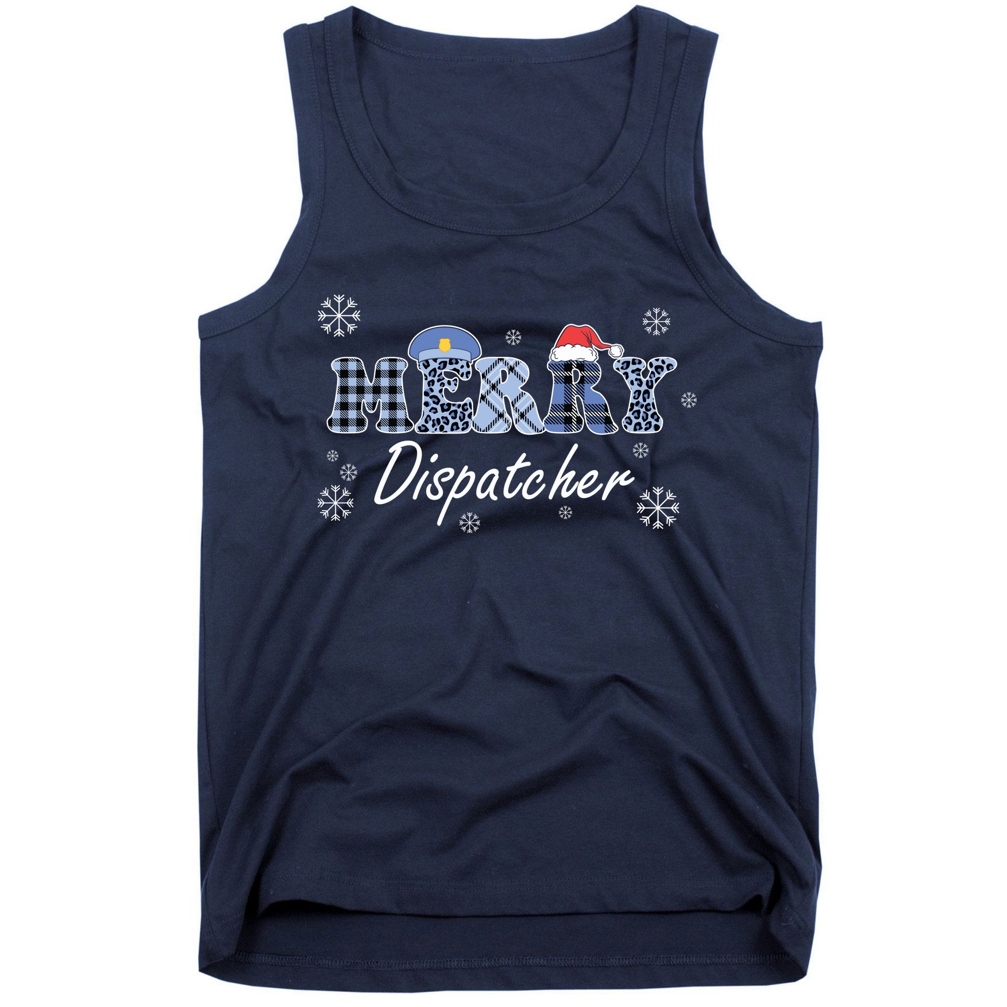 Merry Dispatcher Christmas Police Buffalo Plaid Leopard Santa Hat Graphic Tank Top