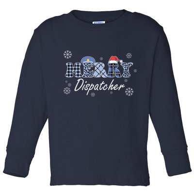 Merry Dispatcher Christmas Police Buffalo Plaid Leopard Santa Hat Graphic Toddler Long Sleeve Shirt