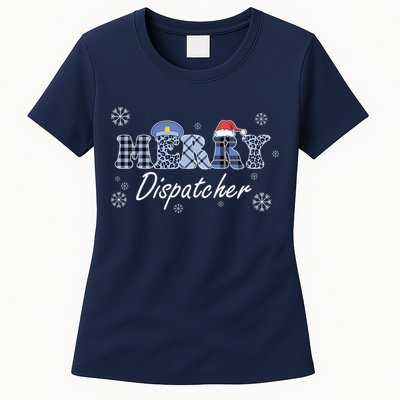 Merry Dispatcher Christmas Police Buffalo Plaid Leopard Santa Hat Graphic Womens T-Shirt