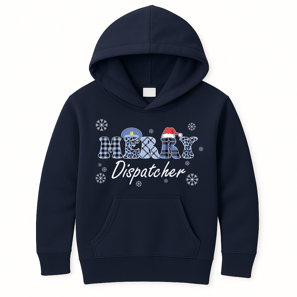 Merry Dispatcher Christmas Police Buffalo Plaid Leopard Santa Hat Graphic Kids Hoodie