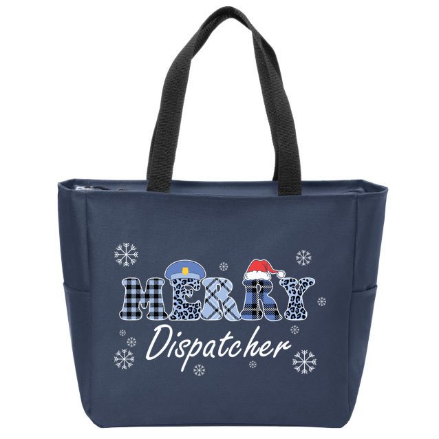 Merry Dispatcher Christmas Police Buffalo Plaid Leopard Santa Hat Graphic Zip Tote Bag