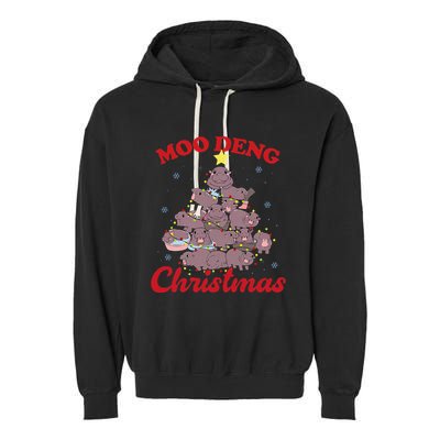 Moo Deng Christmas Tree Baby Hippo Funny Animal Garment-Dyed Fleece Hoodie
