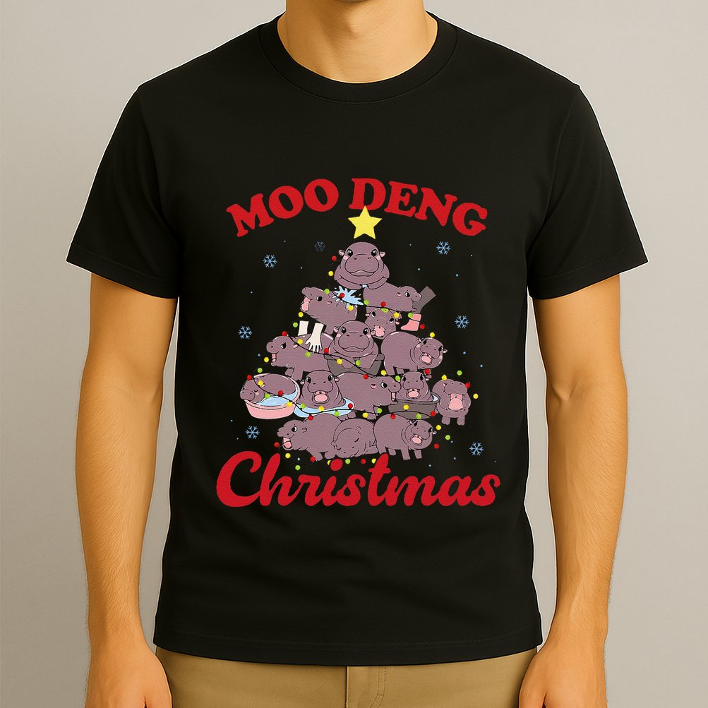Moo Deng Christmas Tree Baby Hippo Funny Animal T-Shirt