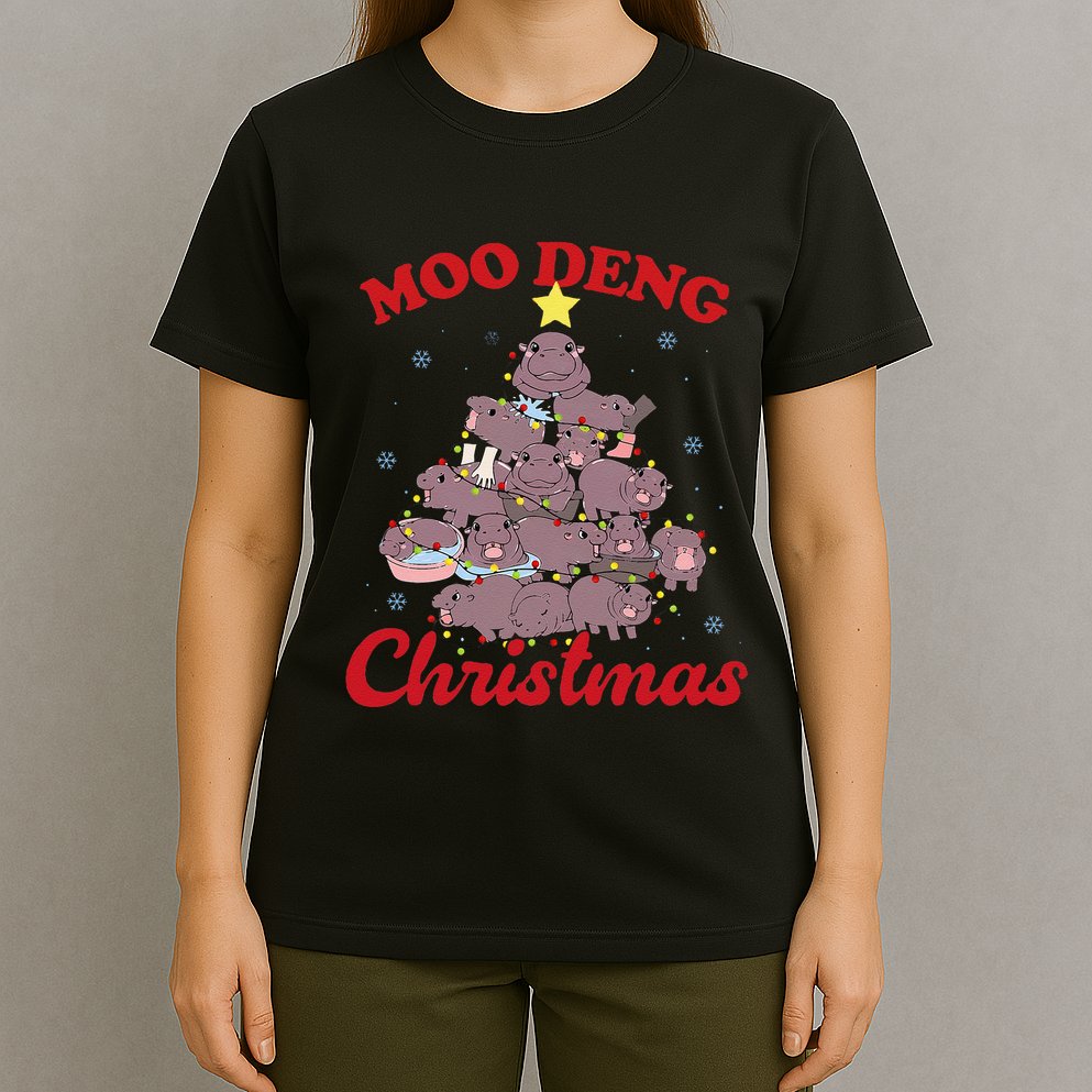 Moo Deng Christmas Tree Baby Hippo Funny Animal T-Shirt