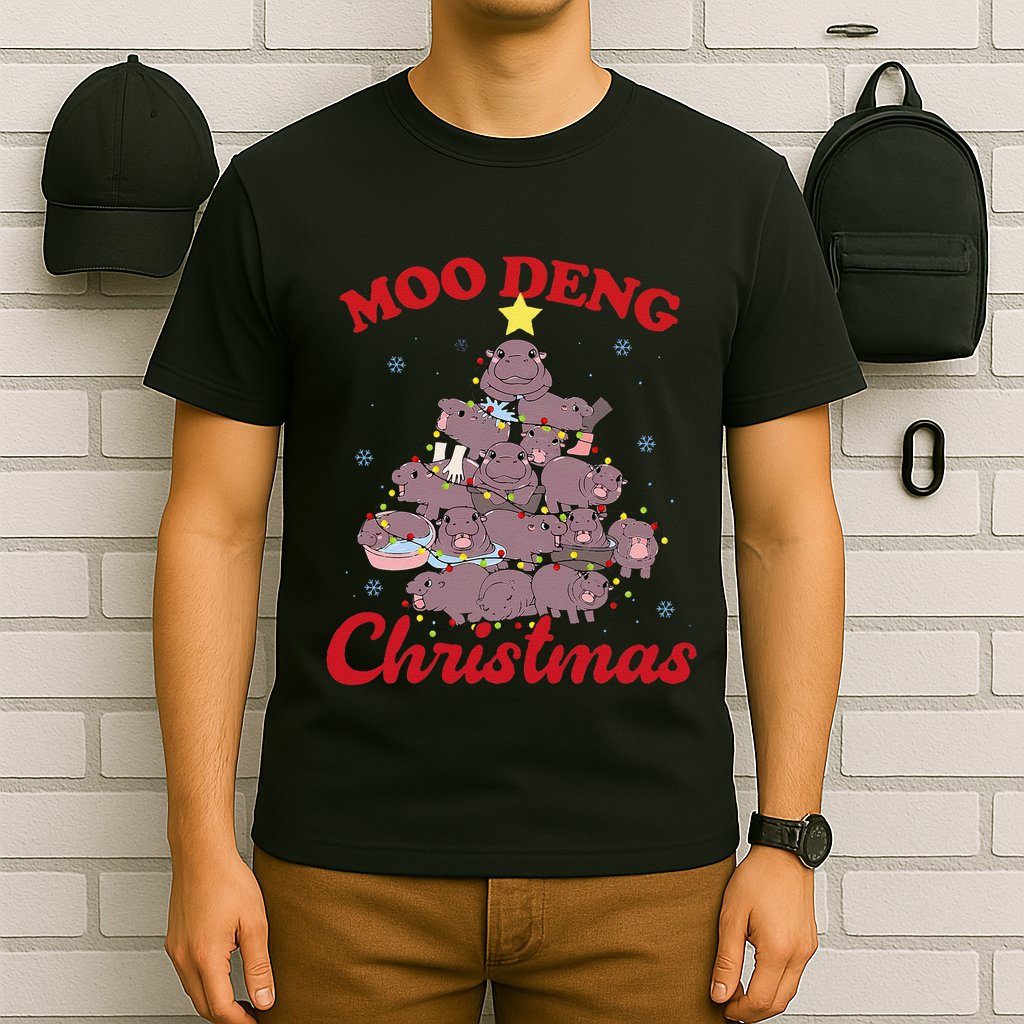 Moo Deng Christmas Tree Baby Hippo Funny Animal T-Shirt