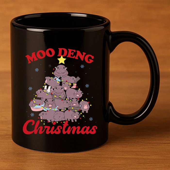 Moo Deng Christmas Tree Baby Hippo Funny Animal 11oz C Handle Ceramic Mug