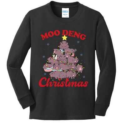 Moo Deng Christmas Tree Baby Hippo Funny Animal Kids Long Sleeve Shirt