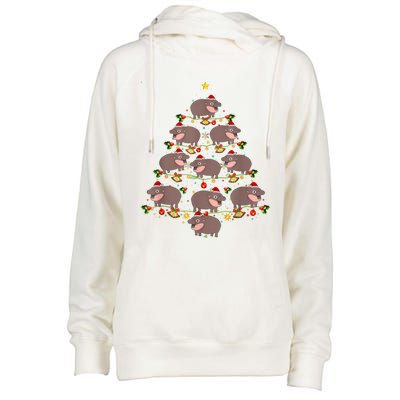 Moo Deng Christmas Tree Funny Christmas Cute Moo Deng Womens Funnel Neck Pullover Hood