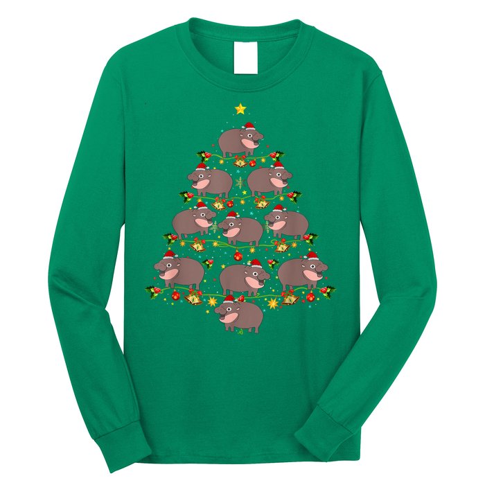 Moo Deng Christmas Tree Funny Christmas Cute Moo Deng Long Sleeve Shirt