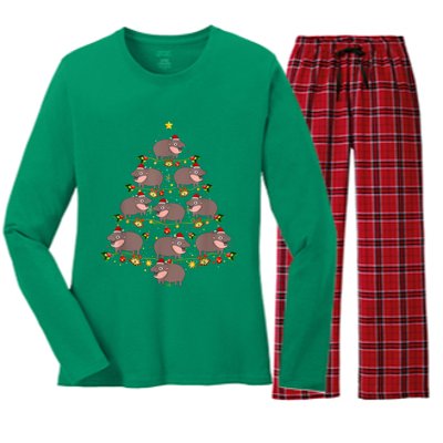 Moo Deng Christmas Tree Funny Christmas Cute Moo Deng Women's Long Sleeve Flannel Pajama Set 