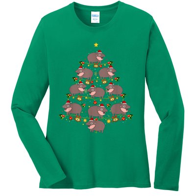 Moo Deng Christmas Tree Funny Christmas Cute Moo Deng Ladies Long Sleeve Shirt