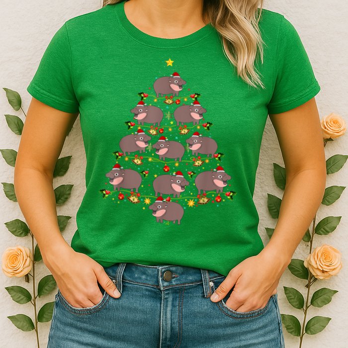 Moo Deng Christmas Tree Funny Christmas Cute Moo Deng Womens T-Shirt
