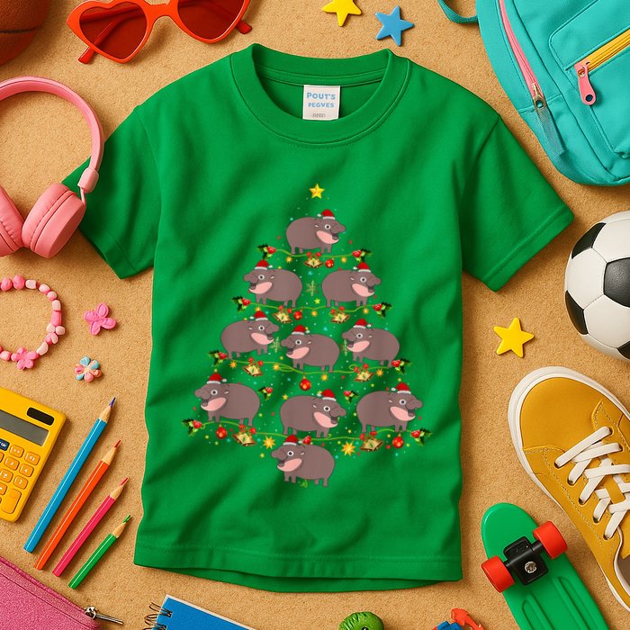 Moo Deng Christmas Tree Funny Christmas Cute Moo Deng Kids T-Shirt