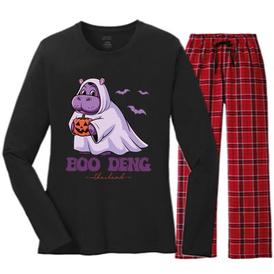 Moo Deng Cute Baby Pygmy Hippo Bouncy Pig In Thai Halloween Women's Long Sleeve Flannel Pajama Set 