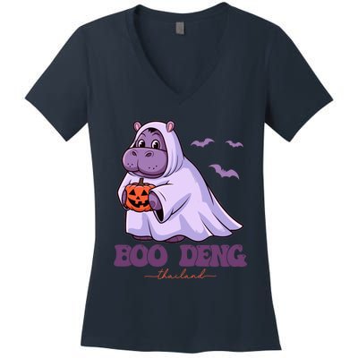 Moo Deng Cute Baby Pygmy Hippo Bouncy Pig In Thai Halloween Women's V-Neck T-Shirt