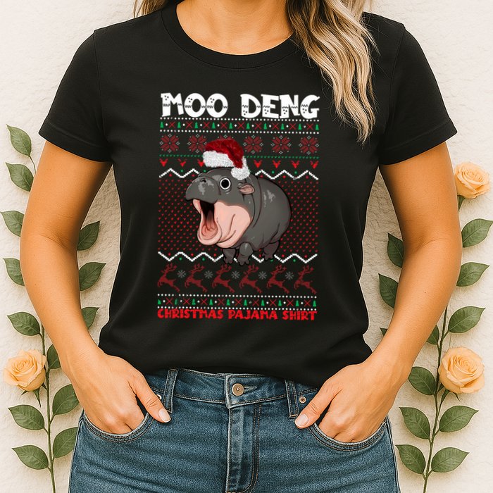 Moo Deng Christmas Moo Deng Christmas Pajama Matching Family Womens T-Shirt