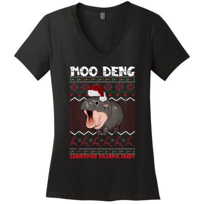 Moo Deng Christmas Moo Deng Christmas Pajama Matching Family Women's V-Neck T-Shirt