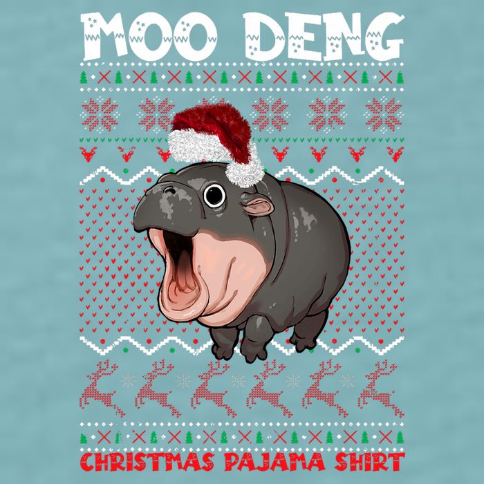 Moo Deng Christmas Moo Deng Christmas Pajama Matching Family Sueded Cloud Jersey T-Shirt