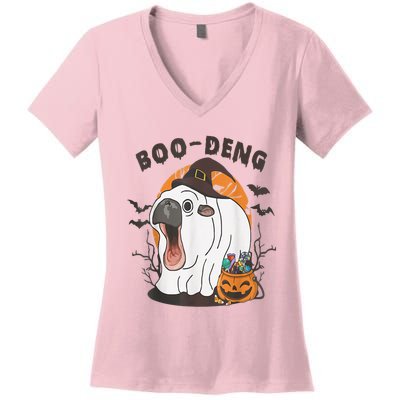 Moo Deng Cute Baby Pygmy Hippo Bouncy Pig In Thai Halloween Women's V-Neck T-Shirt