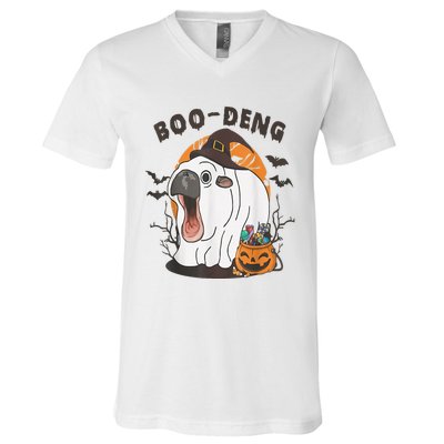 Moo Deng Cute Baby Pygmy Hippo Bouncy Pig In Thai Halloween V-Neck T-Shirt