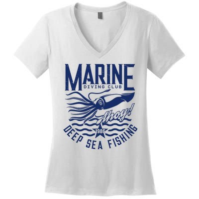 Marine Diving Club Deep Sea Fishing 1986 Women's V-Neck T-Shirt