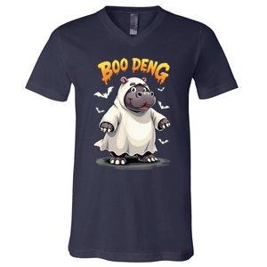 Moo Deng Cute Baby Pygmy Hippo Bouncy Pig In Thai Halloween V-Neck T-Shirt