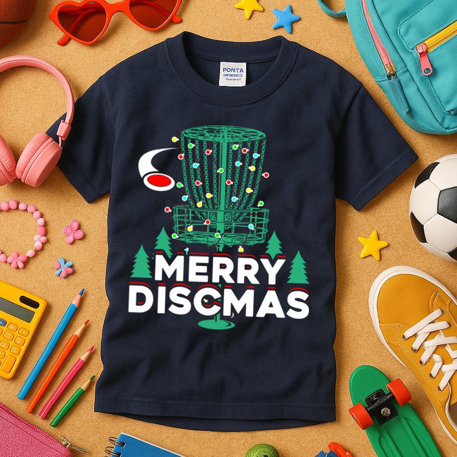 Merry Discmas Disc Golf Frisbee Christmas Xmas Funny Kids T-Shirt