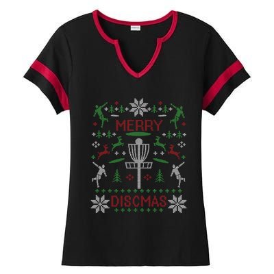 Merry Discmas Disc Golf Ugly Christmas Sweater Party Ladies Halftime Notch Neck Tee