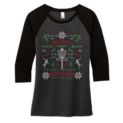 Merry Discmas Disc Golf Ugly Christmas Sweater Party Women's Tri-Blend 3/4-Sleeve Raglan Shirt