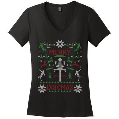 Merry Discmas Disc Golf Ugly Christmas Sweater Party Women's V-Neck T-Shirt